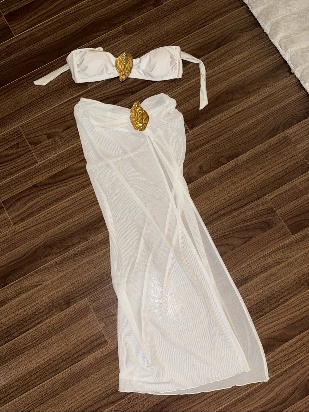 White Mesh Swim Coverup skirt and bikini top with Gold Accent